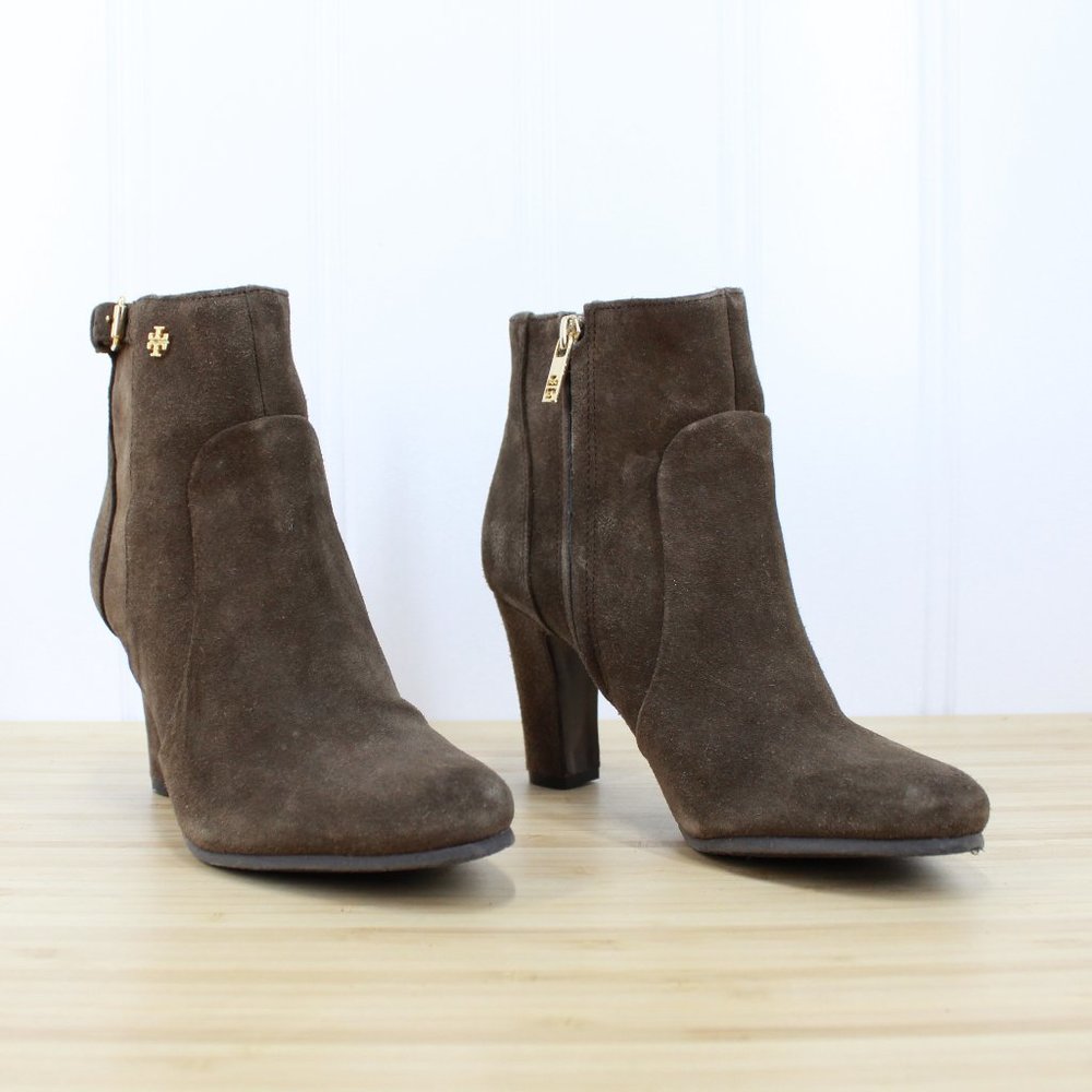 TORY BURCH Brown Suede Side Zip Ankle Stacked Heels Booties Size 7 M - Picture 3 of 9